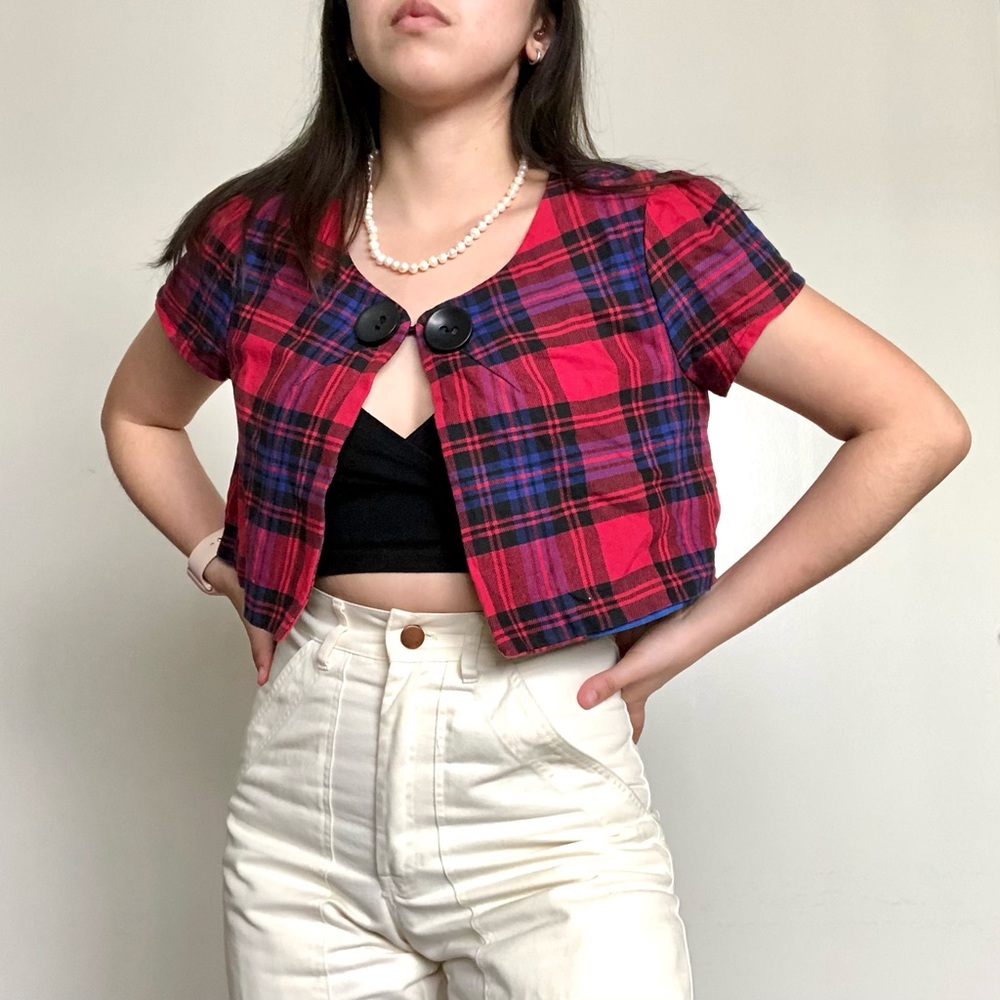 Xhilaration Cropped Plaid Short Sleeve Jacket